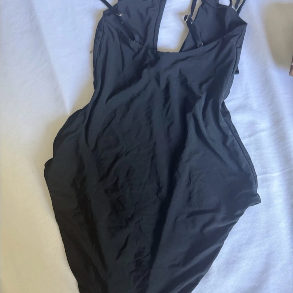 Black Women's One-Piece Swimsuit with Front Keyhole - Picture 2 of 4